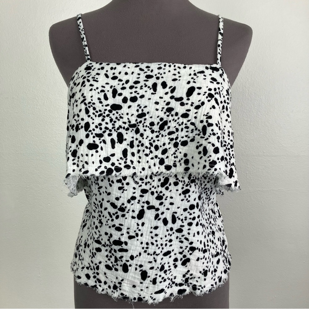 Nation LTD Pedra Tank Raw Hem Cami Gauze Cotton White & Black Splatter Spot XS